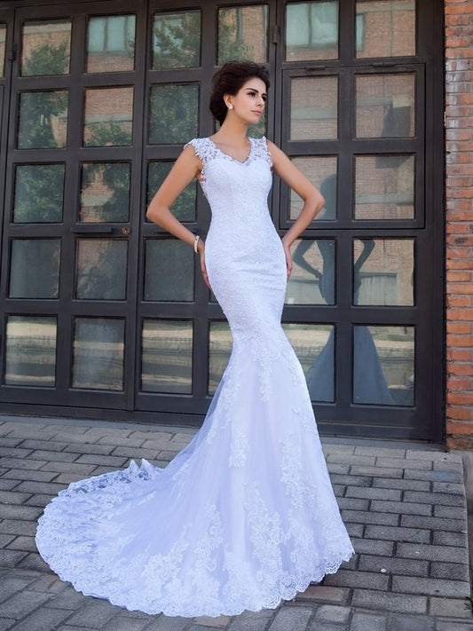 Trumpet/Mermaid V-neck Long Applique Sleeveless Satin Wedding Dresses