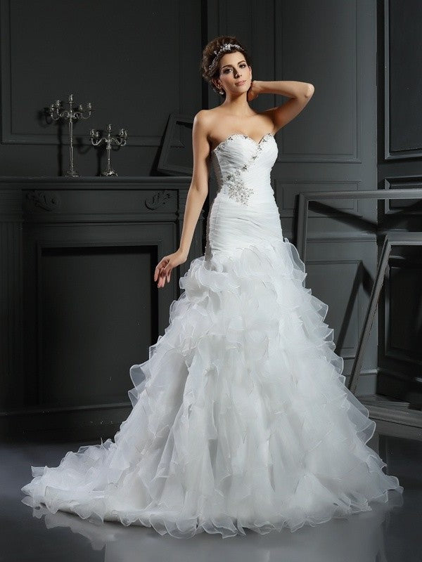 Ruffles Trumpet/Mermaid Long Sweetheart Sleeveless Organza Wedding Dresses