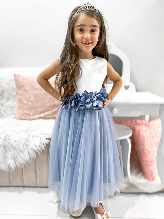 Sleeveless A-Line/Princess Scoop Flower Hand-Made Tulle Tea-Length Flower Girl Dresses