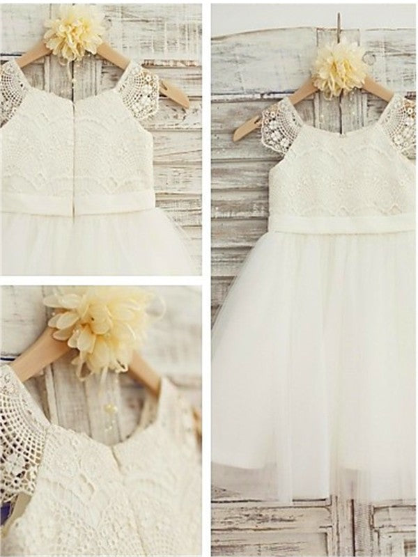 A-line/Princess Knee-Length Sleeveless Lace Scoop Tulle Flower Girl Dresses