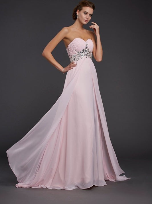 A-Line/Princess Long Sleeveless Sweetheart Beading Chiffon Dresses