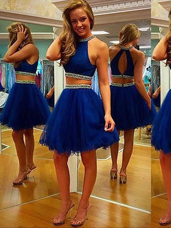 A-Line/Princess Londyn Sleeveless Halter Beading Tulle Short/Mini Homecoming Dresses Two Piece Dresses