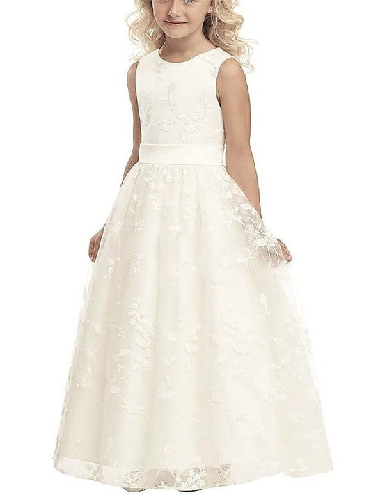 Applique Tulle Sleeveless A-line/Princess Scoop Floor-Length Flower Girl Dresses