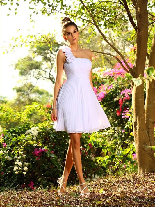 Flower Short Sleeveless One-Shoulder A-Line/Princess Hand-Made Chiffon Bridesmaid Dresses