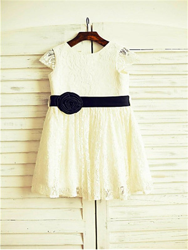 Tea-Length Flower Hand-made Short Sleeves Lace Scoop A-line/Princess Flower Girl Dresses