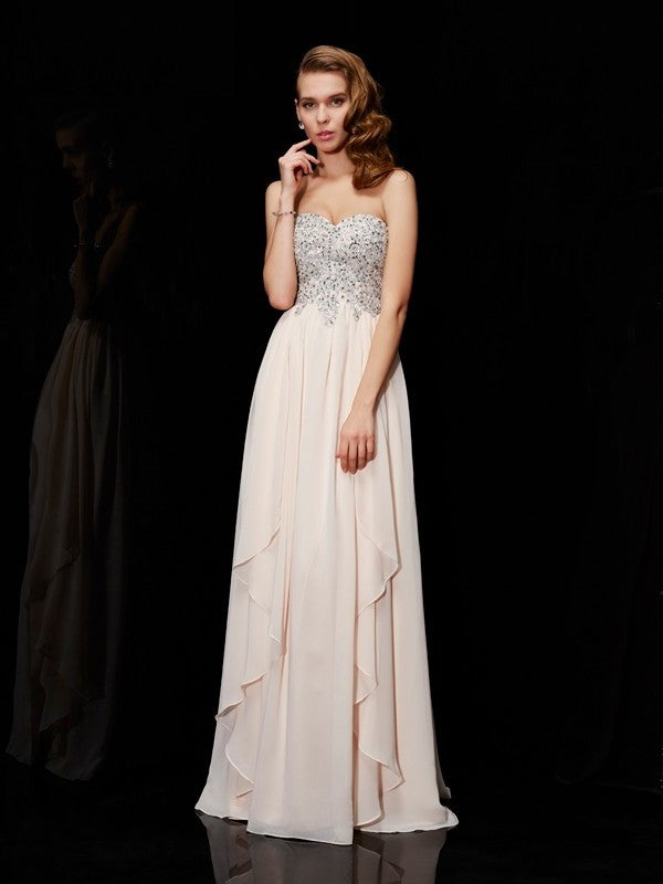 Sheath/Column Sweetheart Sleeveless Beading Long Chiffon Dresses