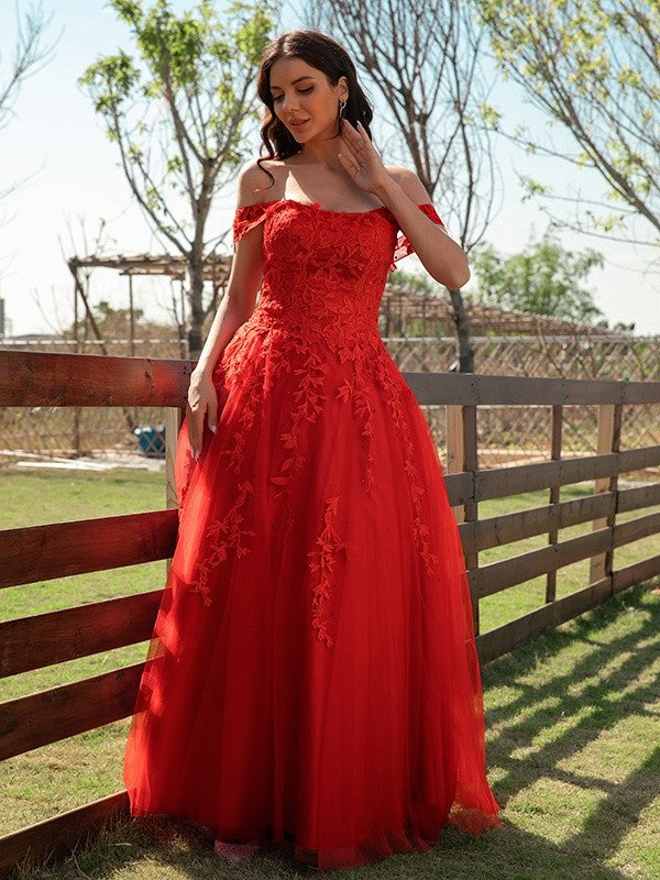 Tulle Applique A-Line/Princess Off-the-Shoulder Sleeveless Floor-Length Dresses