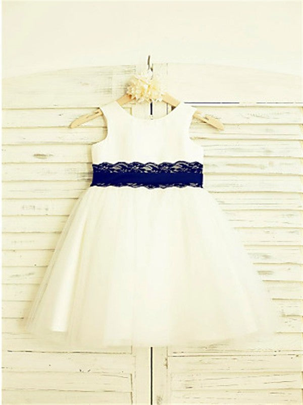 Lace Tulle Sleeveless A-line/Princess Scoop Tea-Length Flower Girl Dresses