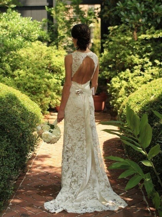 Sweep/Brush V-neck Lace Sleeveless Sheath/Column Train Wedding Dresses