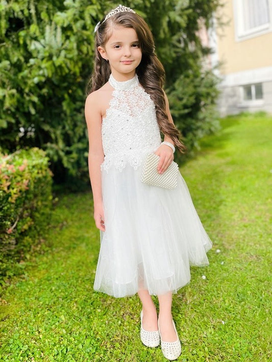 Sleeveless A-Line/Princess Halter Knee-Length Tulle Lace Flower Girl Dresses