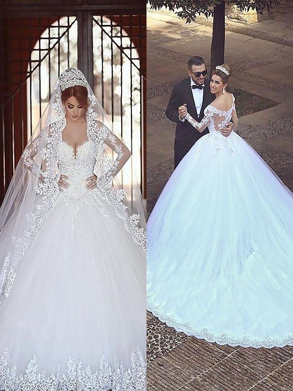 Tulle Sleeves Long Off-the-Shoulder Gown Court Ball Train Wedding Dresses