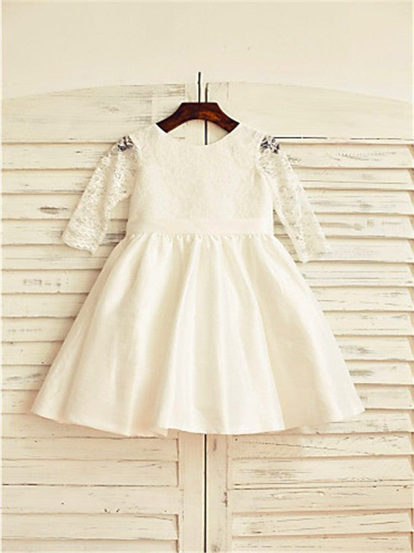 Lace Jewel Long Sleeves Tea-Length Satin A-line/Princess Flower Girl Dresses