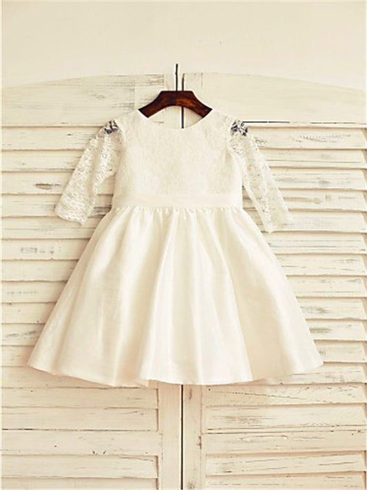 Lace Jewel Long Sleeves Tea-Length Satin A-line/Princess Flower Girl Dresses