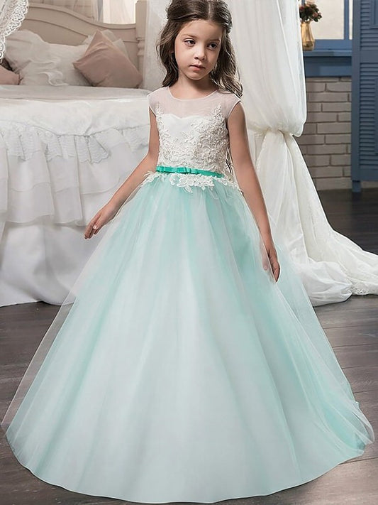 Sleeveless Floor-Length Tulle Sash/Ribbon/Belt Jewel Ball Gown Flower Girl Dresses