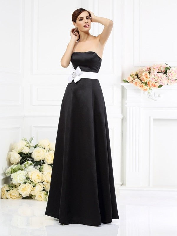 Strapless Long Sash/Ribbon/Belt Sleeveless A-Line/Princess Satin Bridesmaid Dresses