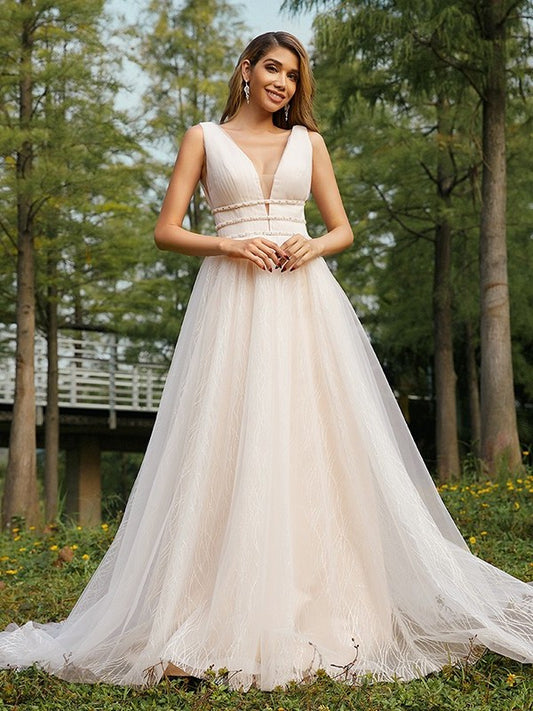 V-neck Ruffles Tulle Sleeveless Sweep/Brush A-Line/Princess Train Wedding Dresses