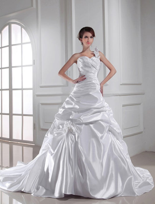 Sweetheart A-Line/Princess Pleats Sleeveless One-shoulder Long Woven Elastic Satin Wedding Dresses