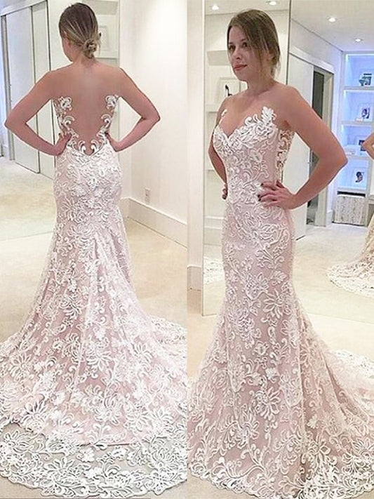 Sleeveless Trumpet/Mermaid Lace Sweep/Brush Sweetheart Train Wedding Dresses