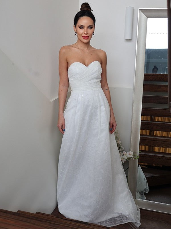 Sweetheart Sleeveless A-Line/Princess Ruched Sweep/Brush Train Wedding Dresses