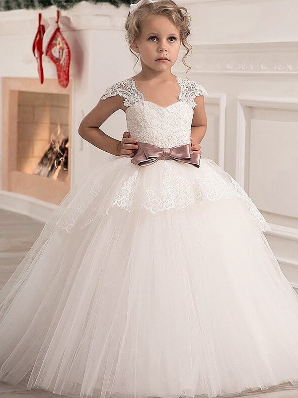 Tulle Ball Floor-Length Straps Sleeveless Gown Sash/Ribbon/Belt Flower Girl Dresses