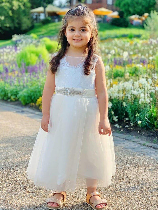 Lace Tea-Length Sleeveless Tulle A-Line/Princess Scoop Flower Girl Dresses