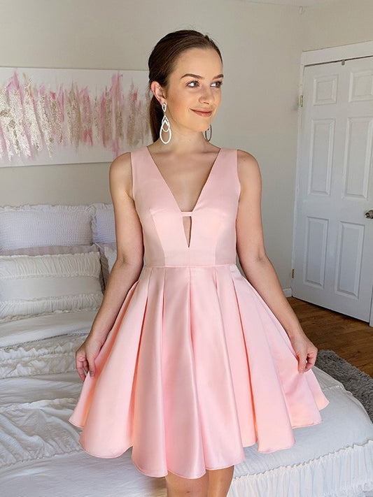 Ruffles V-neck Sleeveless Satin A-Line/Princess Short/Mini Homecoming Dresses