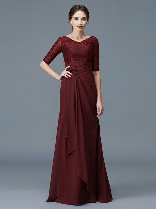 V-neck Floor-Length Sleeves Mother 1/2 of Ruffles Chiffon A-Line/Princess the Bride Dresses