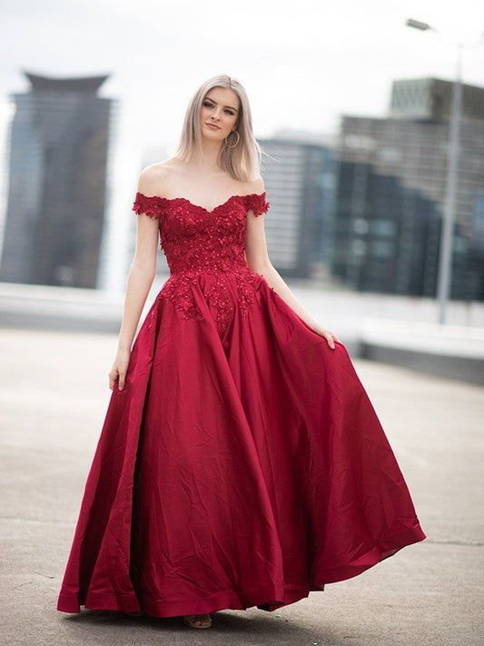 Off-the-Shoulder Satin Ball Applique Gown Sleeveless Floor-Length Dresses