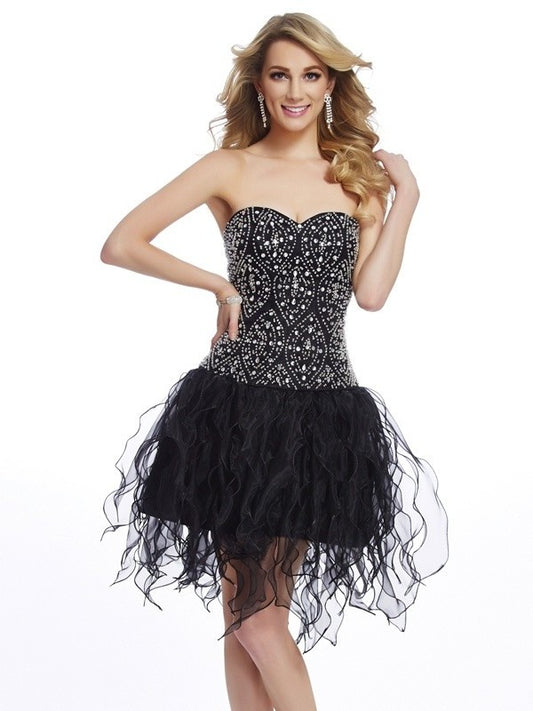 Beading Sleeveless Short Sweetheart Sheath/Column Organza Homecoming Dresses