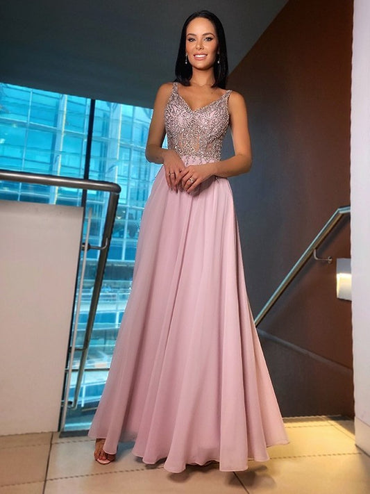 Chiffon Sleeveless A-Line/Princess V-neck Beading Floor-Length Dresses