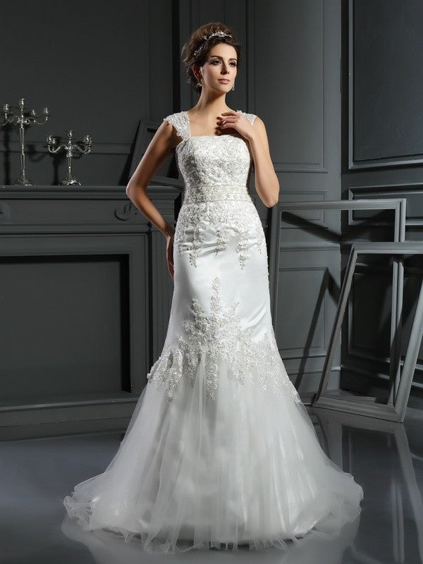 Straps Trumpet/Mermaid Long Applique Sleeveless Satin Wedding Dresses