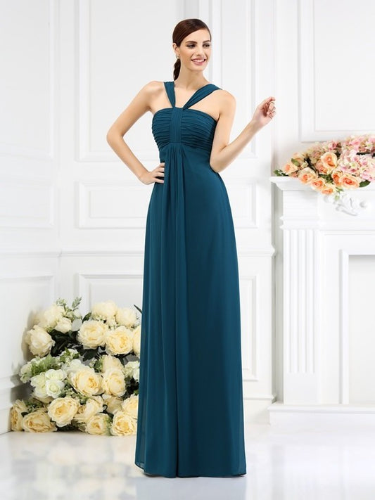 Straps Sleeveless Long A-Line/Princess Pleats Chiffon Bridesmaid Dresses