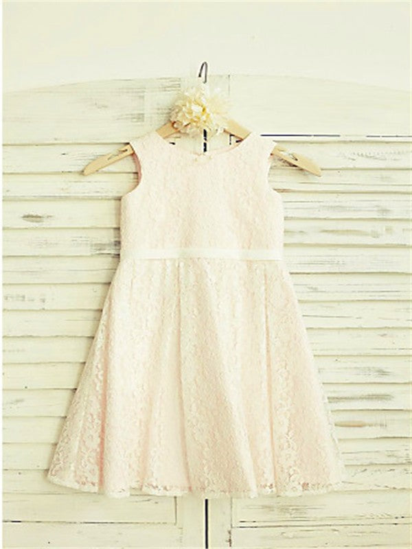 Tea-Length Jewel Sleeveless A-line/Princess Lace Flower Girl Dresses