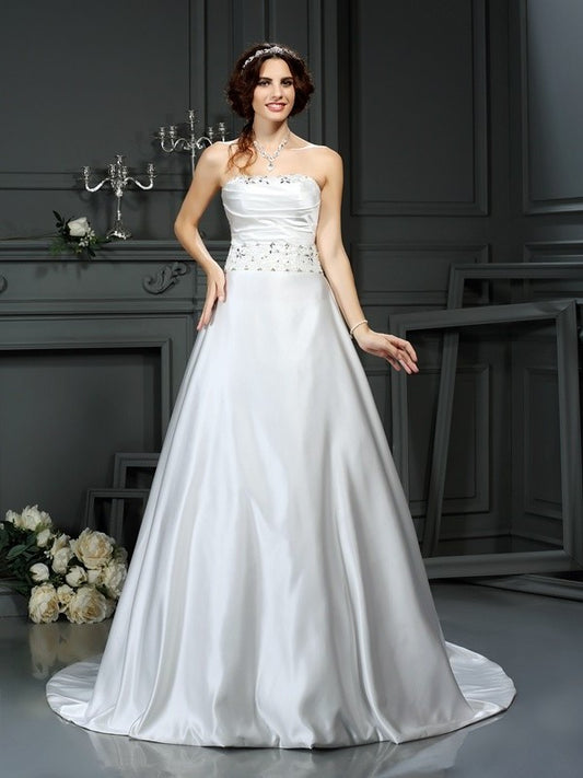 Strapless Beading A-Line/Princess Long Sleeveless Satin Wedding Dresses