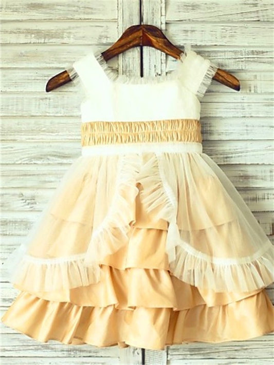 A-line/Princess Square Tea-Length Satin Layers Sleeveless Flower Girl Dresses