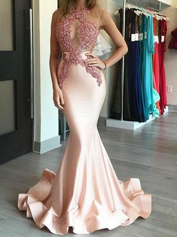 Applique Trumpet/Mermaid Sleeveless Satin Halter Sweep/Brush Train Dresses