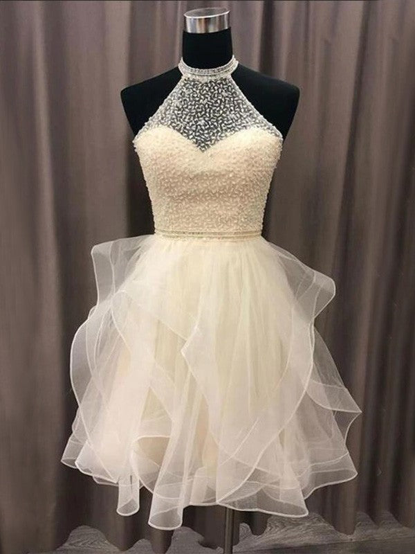 Halter Beading A-Line/Princess Organza Sleeveless Short/Mini Homecoming Dresses