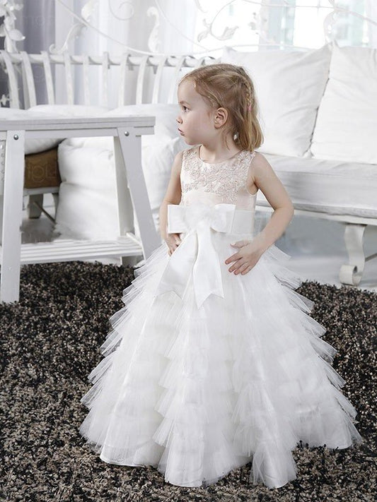 Scoop Sleeveless Tulle Bowknot Long A-line/Princess Flower Girl Dresses