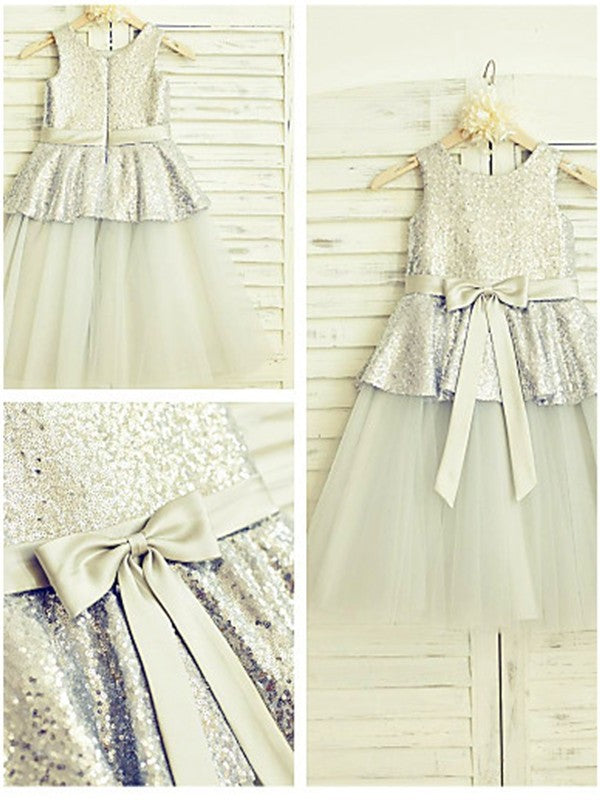 Scoop Sleeveless Tea-Length A-line/Princess Sequin Tulle Flower Girl Dresses