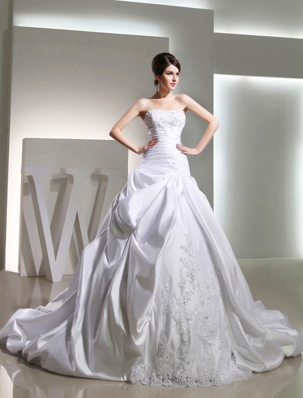 Strapless Gown Beading Satin Long Ball Sleeveless Wedding Dresses