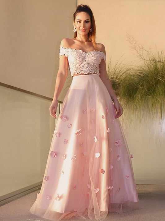 Sleeveless A-Line/Princess Flower Tulle Off-the-Shoulder Hand-Made Floor-Length Two Piece Dresses