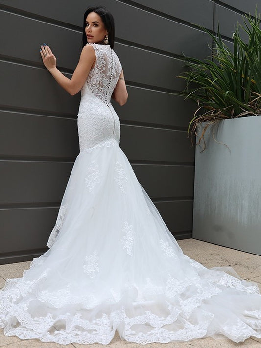 Trumpet/Mermaid Tulle Sleeveless Sweep/Brush V-neck Lace Train Wedding Dresses