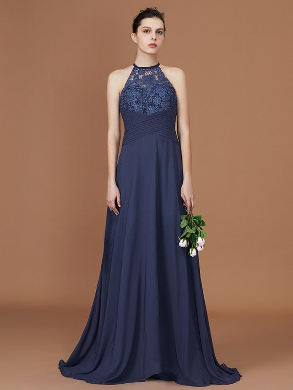 Train Sleeveless Chiffon Scoop Sweep A-Line/Princess Lace Bridesmaid Dress