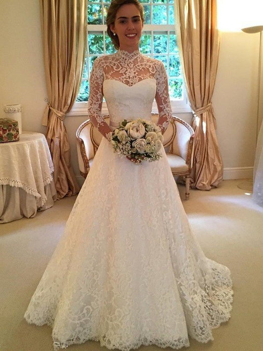 Sleeves High Long Neck Ball Court Lace Gown Train Wedding Dresses