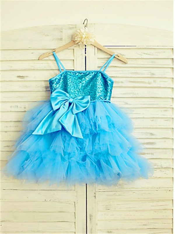 Sequin Spaghetti Tea-Length Net Sleeveless A-line/Princess Straps Flower Girl Dresses