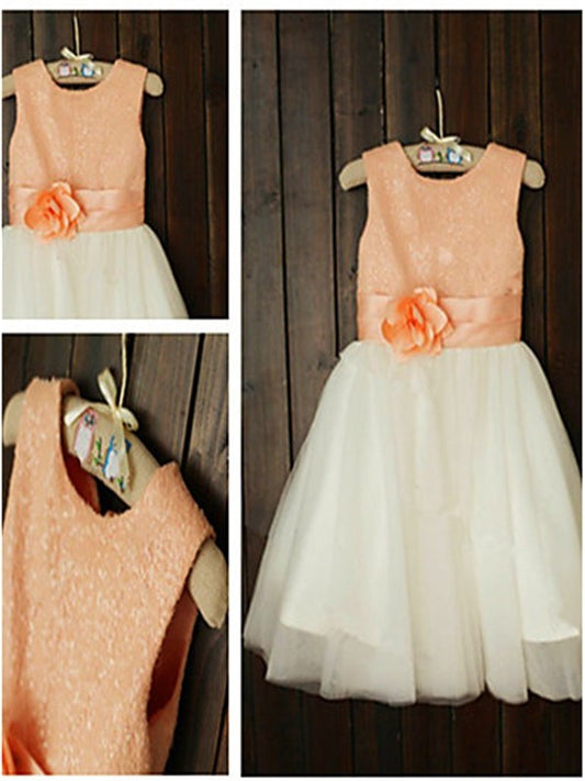 A-line/Princess Scoop Tulle Sleeveless Sequin Tea-Length Flower Girl Dresses