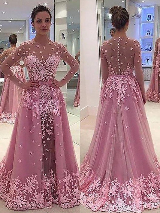 Applique Scoop Long Sleeves A-Line/Princess Tulle Floor-Length Dresses