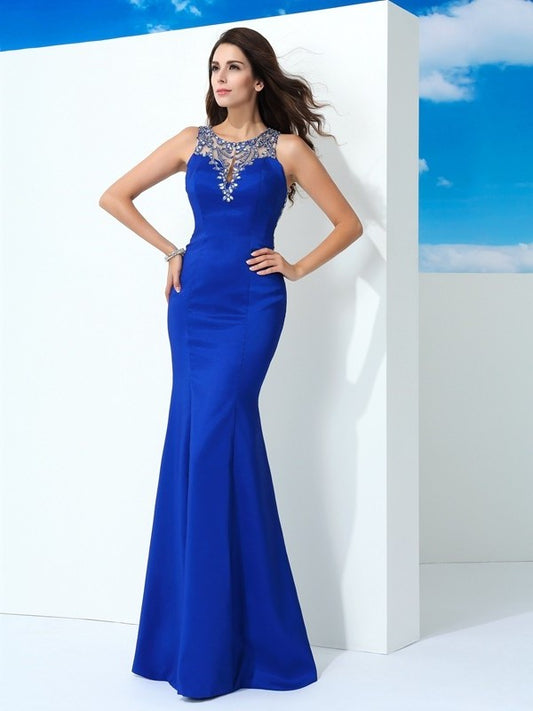 Sleeveless Sheer Beading Elastic Long Neck Sheath/Column Woven Satin Dresses