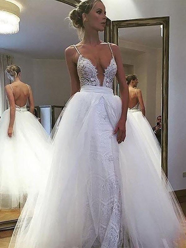 Lace A-Line/Princess Spaghetti Tulle Straps Sleeveless Floor-Length Wedding Dresses