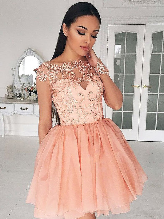 A-Line/Princess Bateau Long Sleeves Short/Mini Applique Chiffon Homecoming Dresses Jasmine Dresses